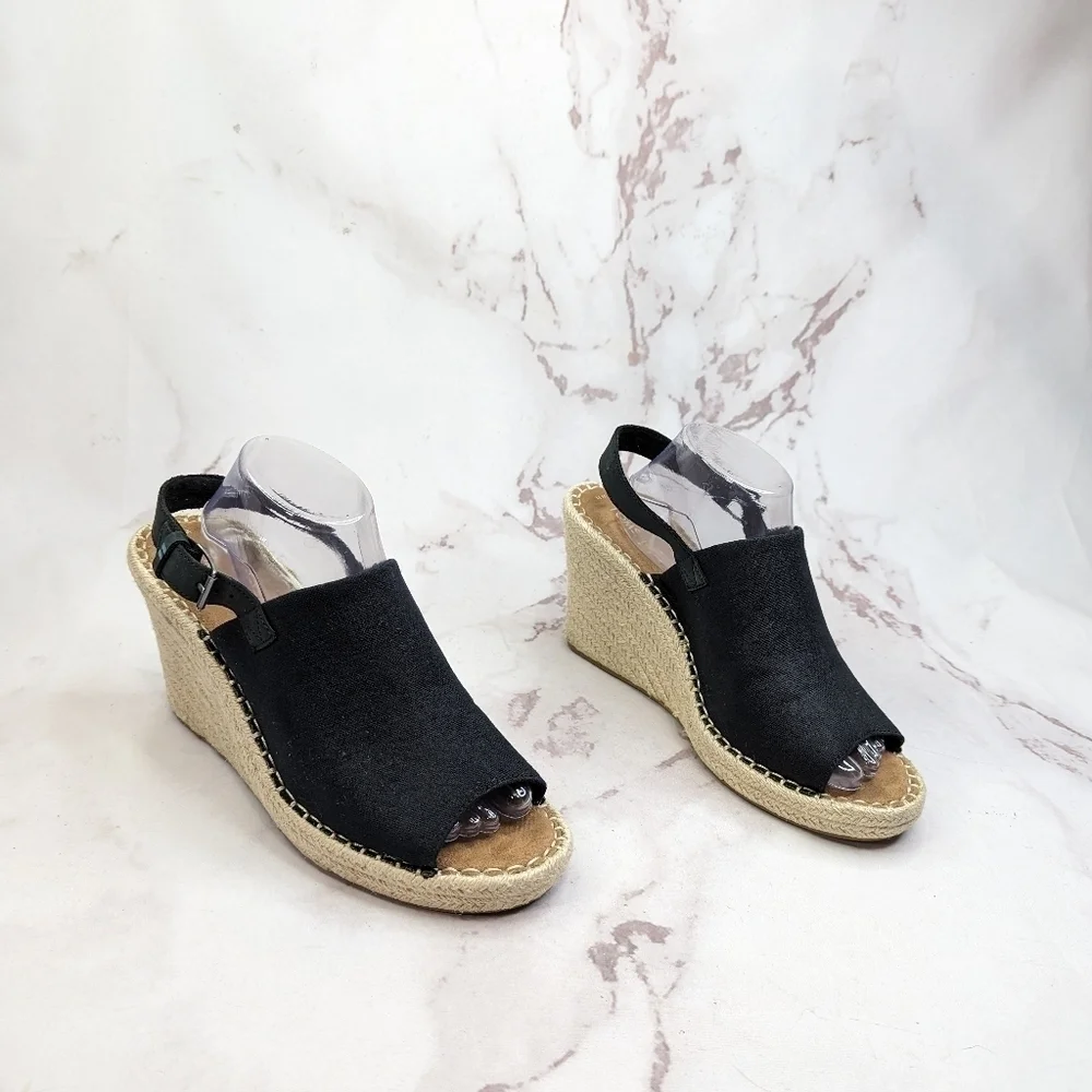 Toms Wedge Women 11 Espadrille Black Platform Slingback Shoe Sandal Open Monica